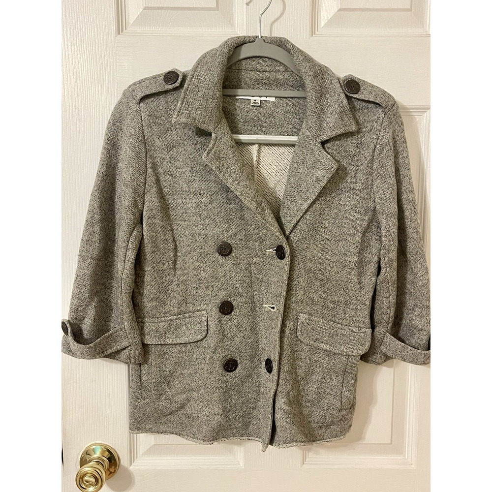 CABI Jacket SMALL Heather Gray Knit Sweatshirt Cropped 3/4 Double Breasted